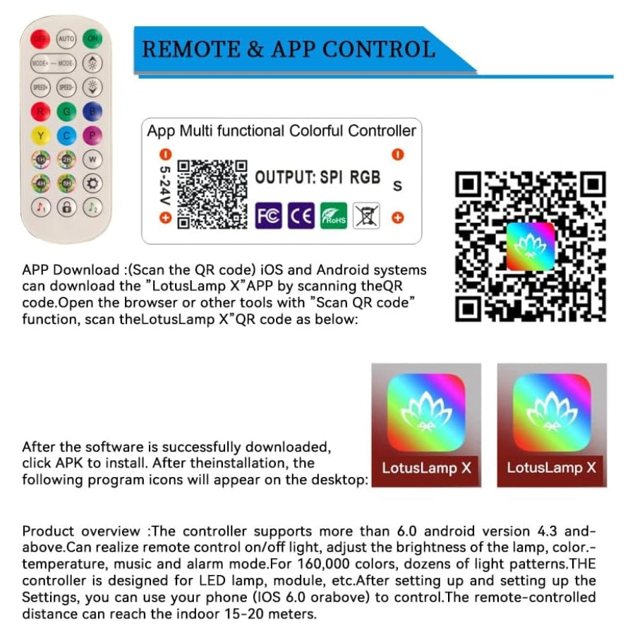 Colorful controller with remote and app control information on a white background