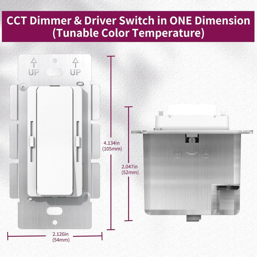 CCT Dimmer & Driver Switch with dimensions on a gray background