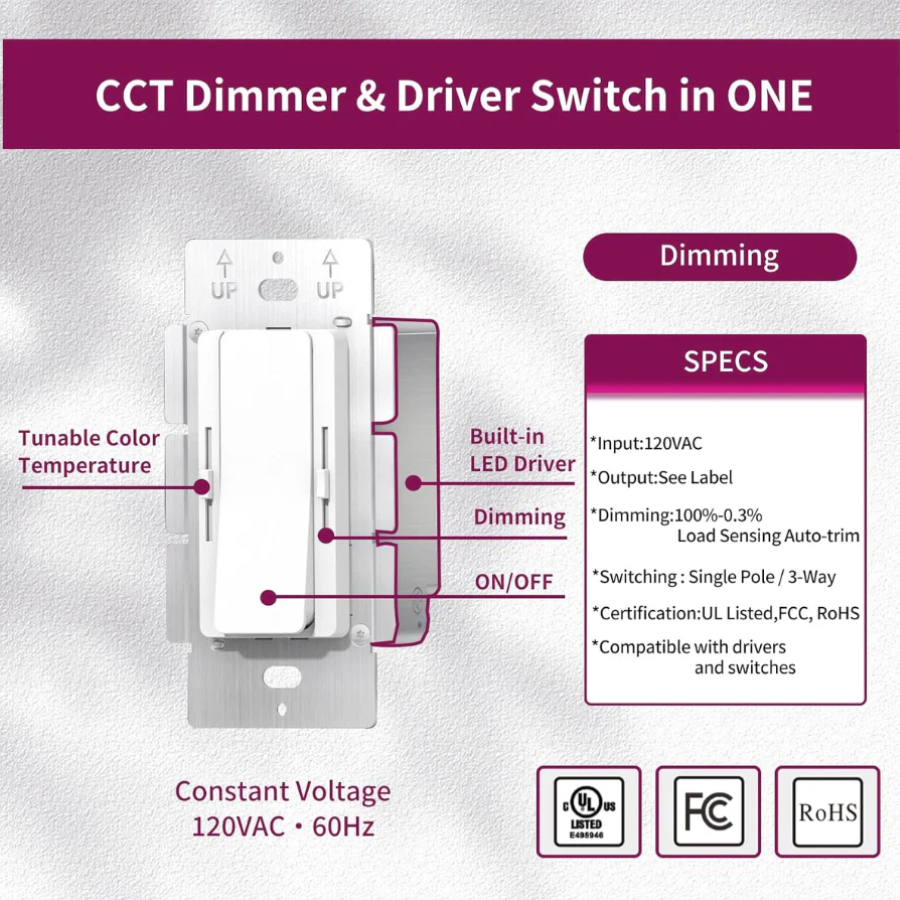 CCT Dimmer & Driver Switch with specifications on a gray background