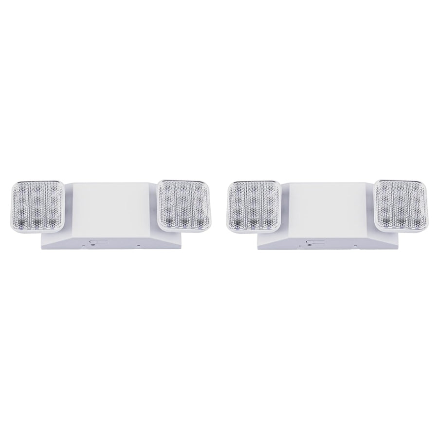 Two white LED security lights with clear lenses on a white background