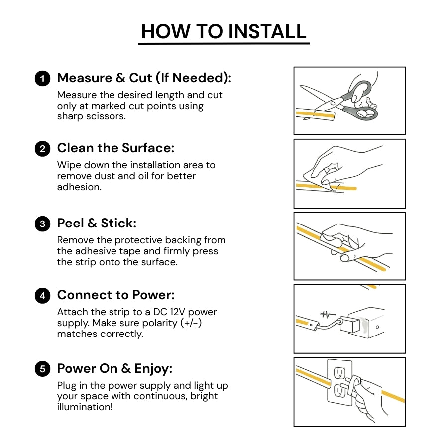 Step-by-step installation guide for a product with illustrations and text of led cob strip lights at fliptoled