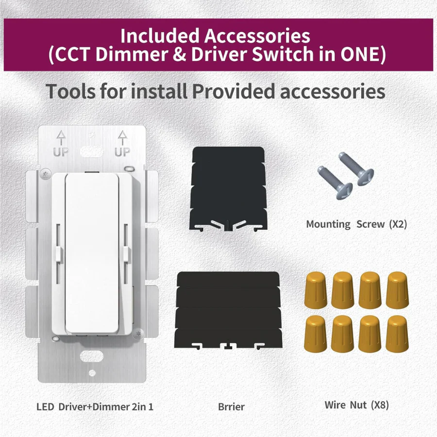 Diagram of included accessories for LED driver and dimmer switch installation on a gray background.