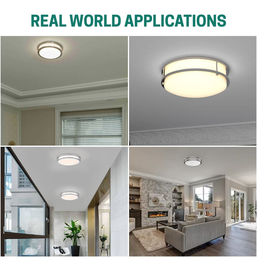 Collage of ceiling lights in various indoor settings with 'Real World Applications' text at the top at fliptoled