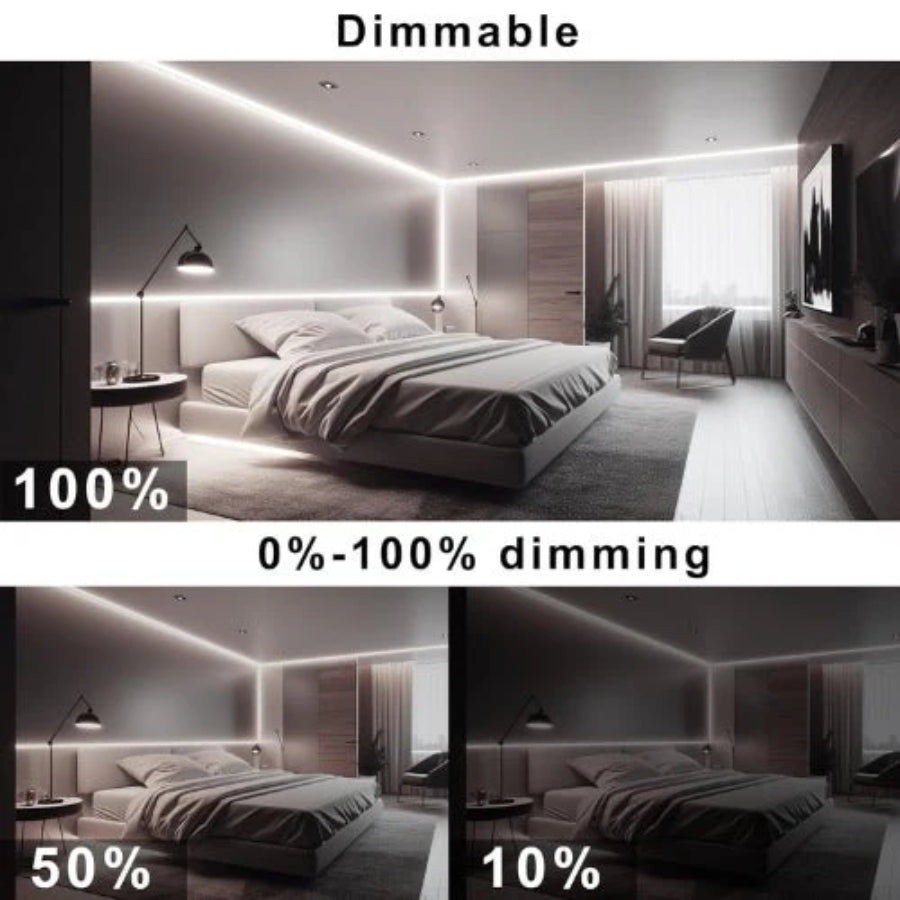 Dimmable LED strip lights in a bedroom setting with various brightness levels.