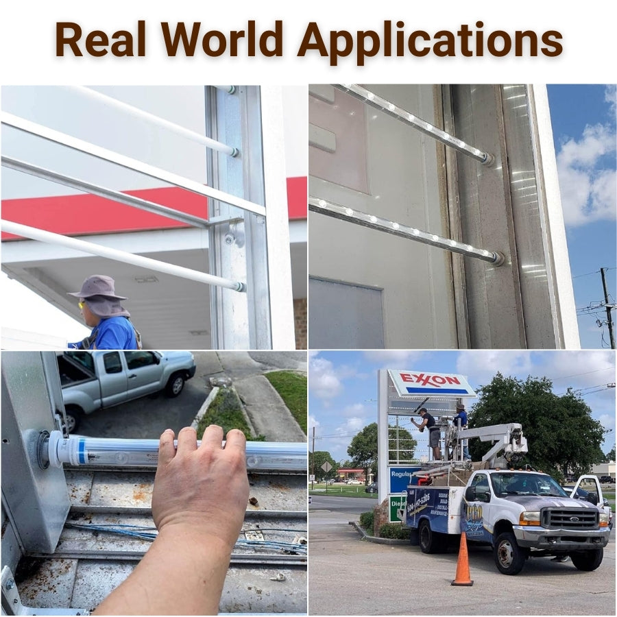 Collage of real-world applications of led 8 foot lights including a person using a ladder, a truck with a ladder on top, and an Exxon gas station.