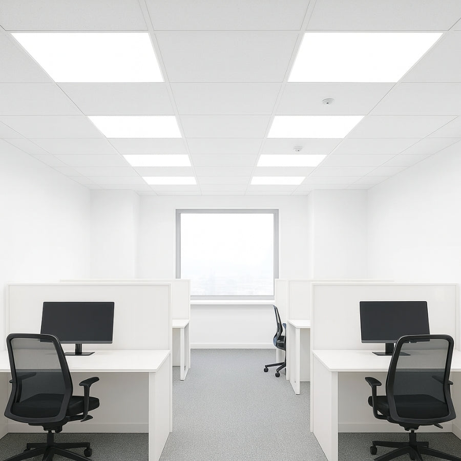 Modern office space with white desks, black chairs, and computer monitors. led backlit panel light