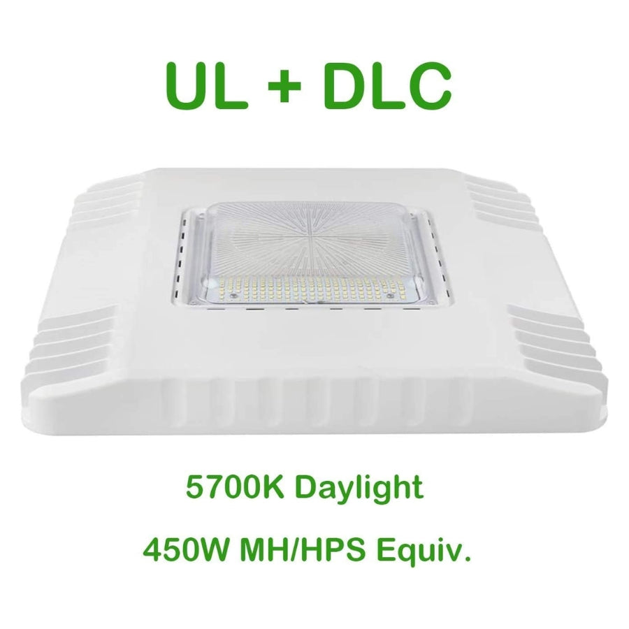 gas station canopy lights fixture with UL + DLC certification on a white background