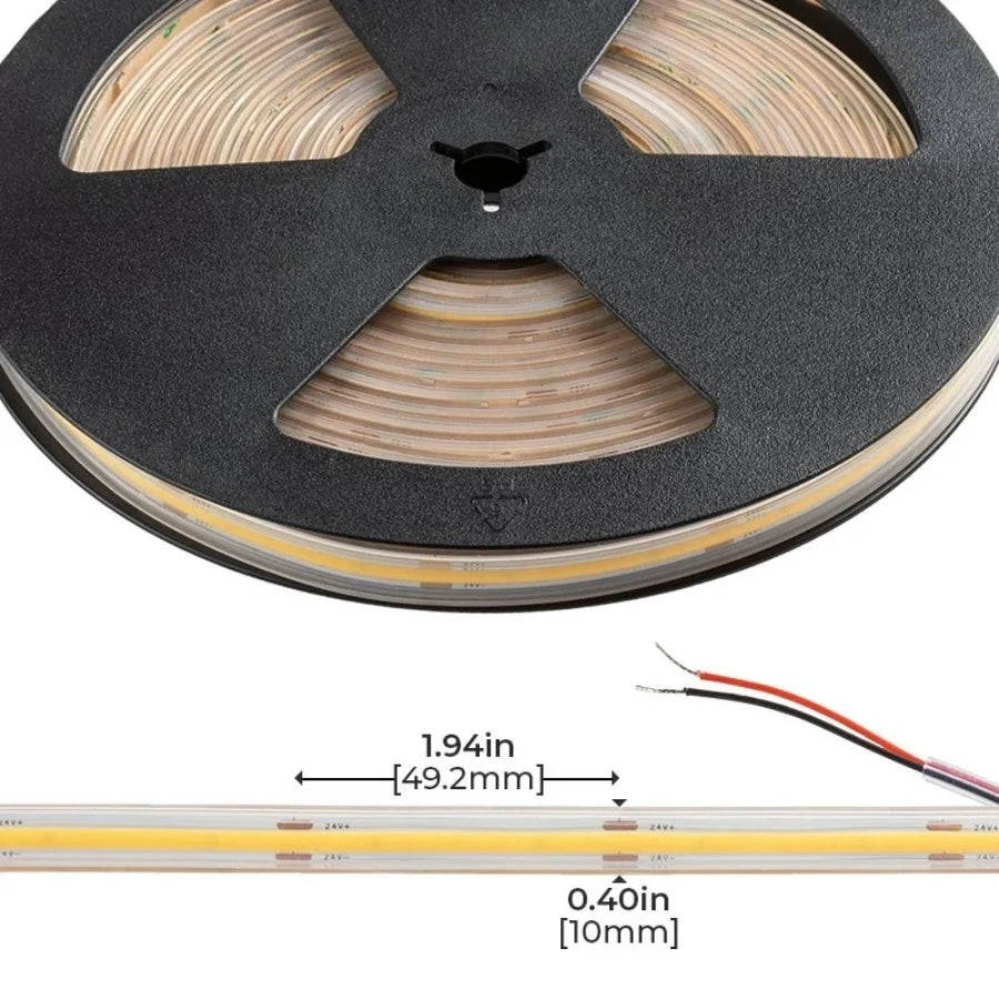 Spool of LED strip light with measurements on a white background