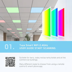 Colorful LED panels on a ceiling with Tuya Smart WiFi 2.4GHz text and QR code.