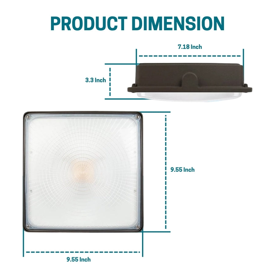 Dimensions of a rectangular light fixture with text indicating dimensions.