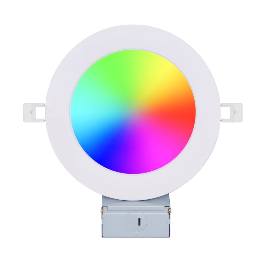 Round LED light panel with color-changing gradient on a white background