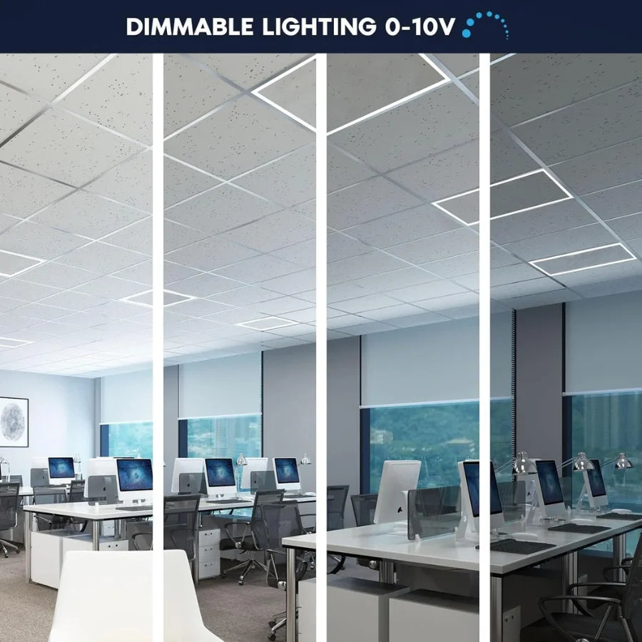 Collage of an office with dimmable lighting control system labeled 'Dimmable Lighting 0-10V'.
