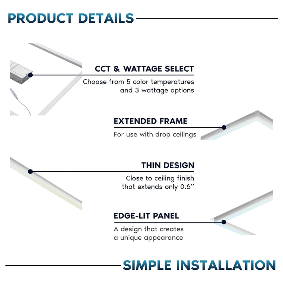 Product details of a light fixture with features like CCT & wattage select, extended frame, thin design, edge-lit panel, and simple installation.