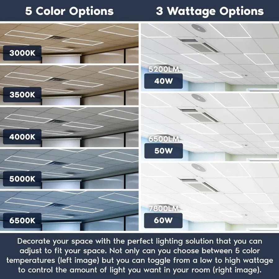 Ceiling light fixture with color temperature and wattage options displayed.