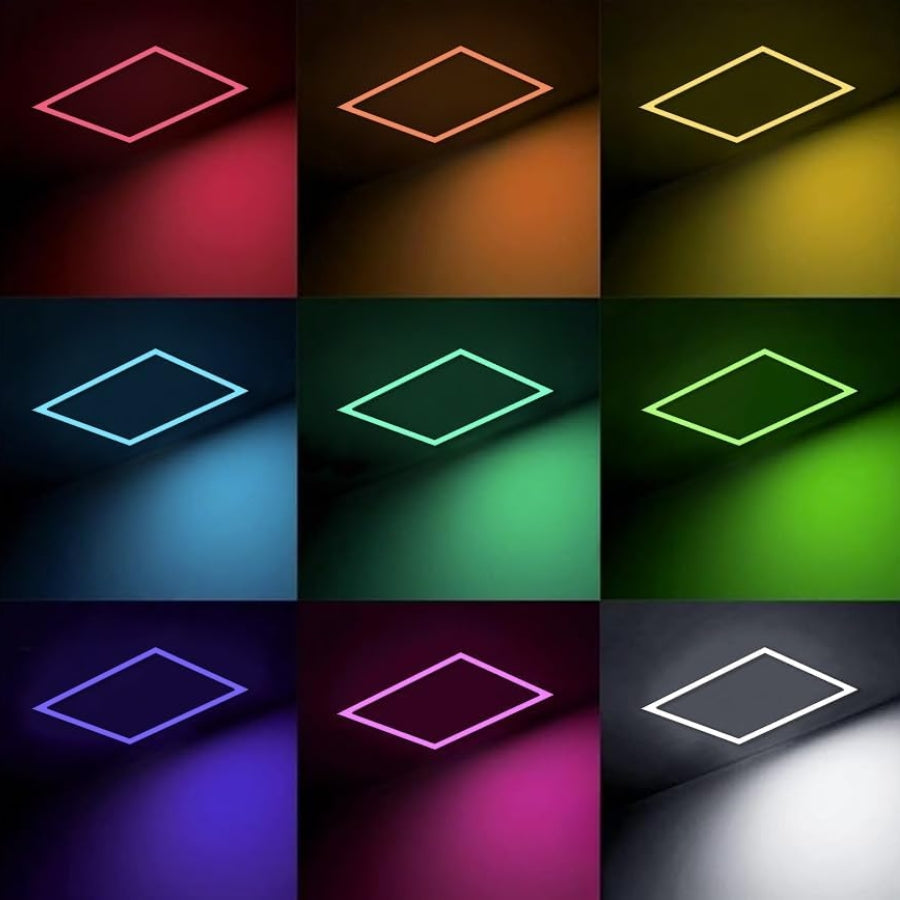 Grid of square light fixtures in various colors on a dark background