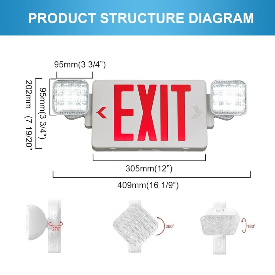 Product structure diagram of an exit sign with dimensions and features.