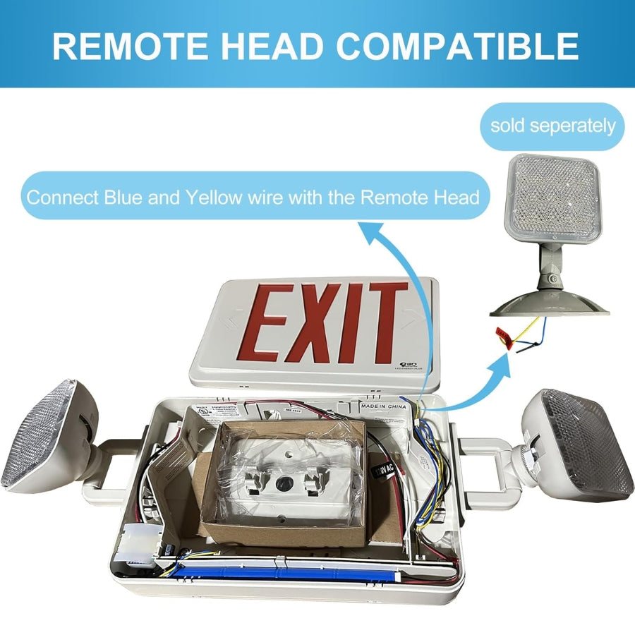 Diagram showing connection of a remote head to an exit sign with text indicating compatibility and wire connection.