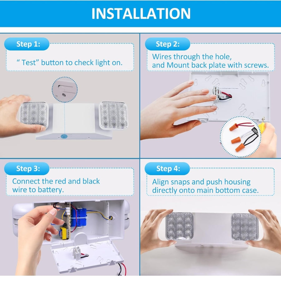 Step-by-step installation guide for a light fixture with hands performing each step.