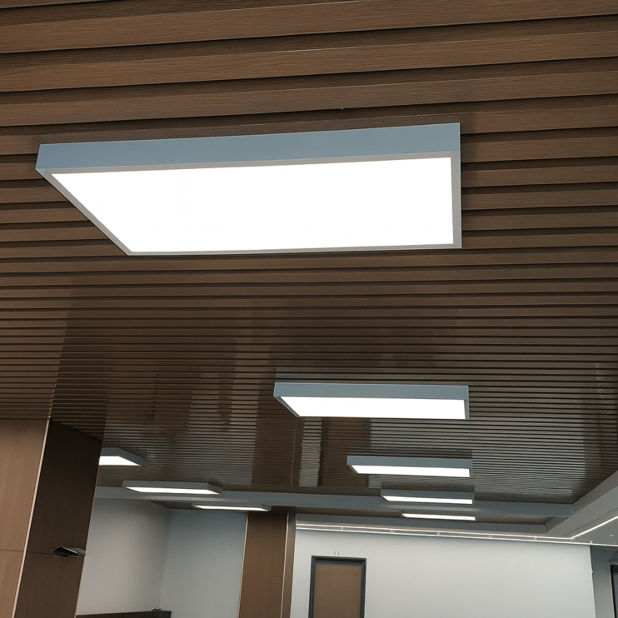 Ceiling with rectangular light fixture and wooden paneling