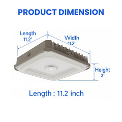Ceiling light fixture with dimensions labeled on a white background