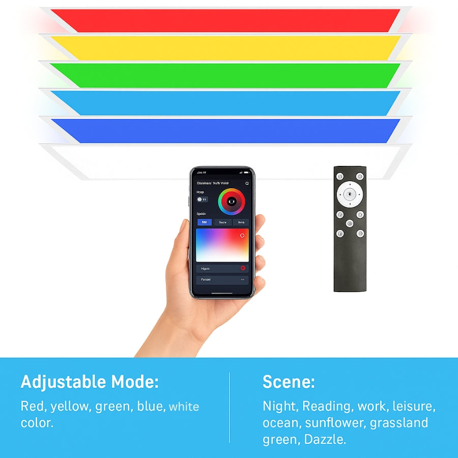 Smart light strip with smartphone app control and remote, featuring adjustable color modes and scene options.