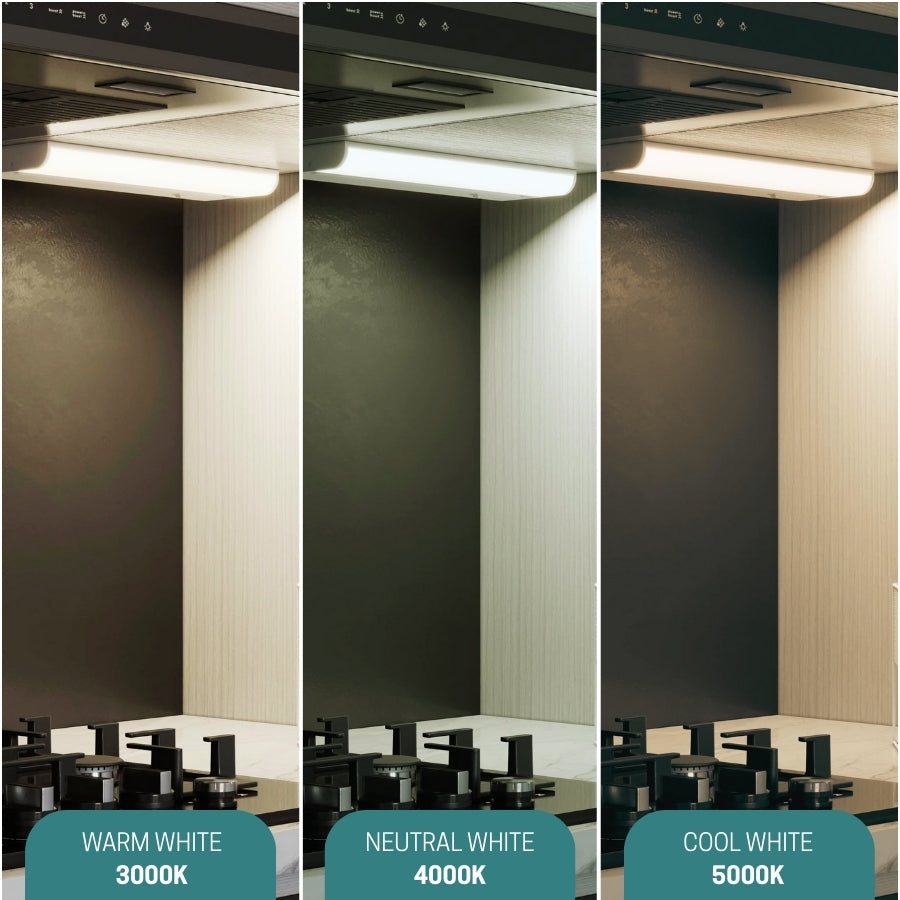 Comparison of light color temperature on led lights kitchen under cabinet with warm white, neutral white, and cool white lighting.