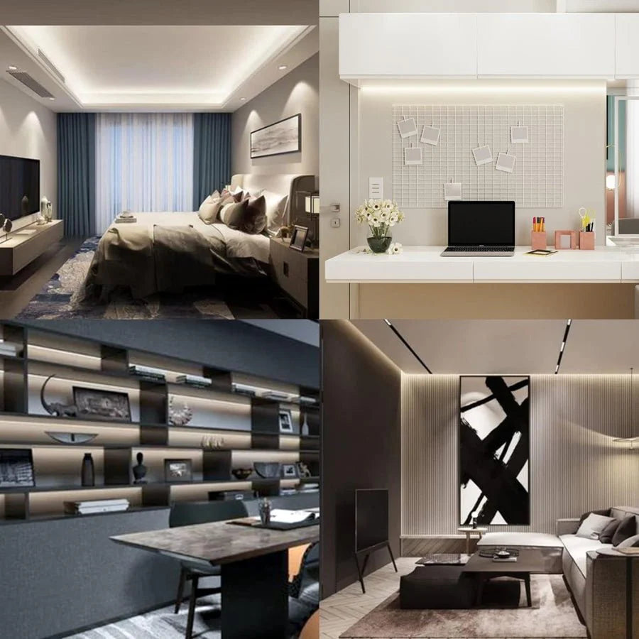 Collage of modern interior design elements including a bedroom, office, and living room.