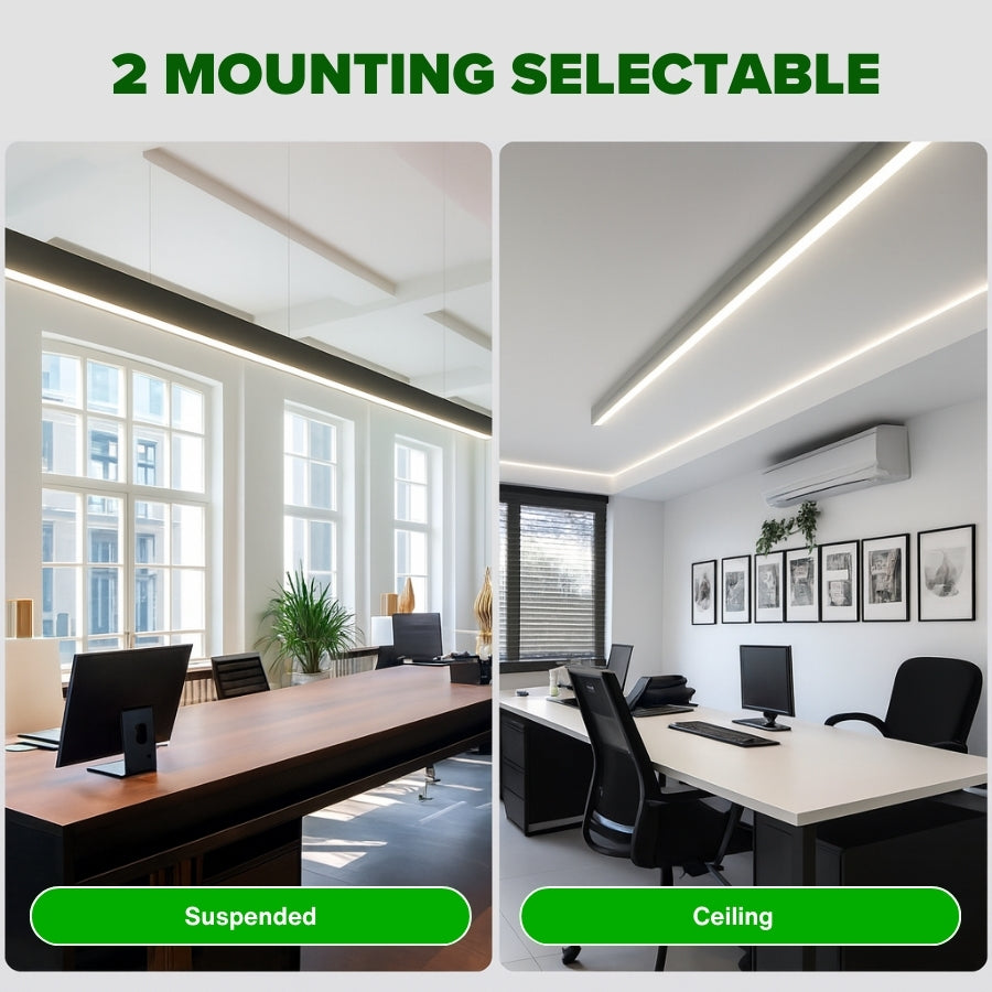 Two office environments showing LED strip lights mounted suspended and ceiling-mounted.