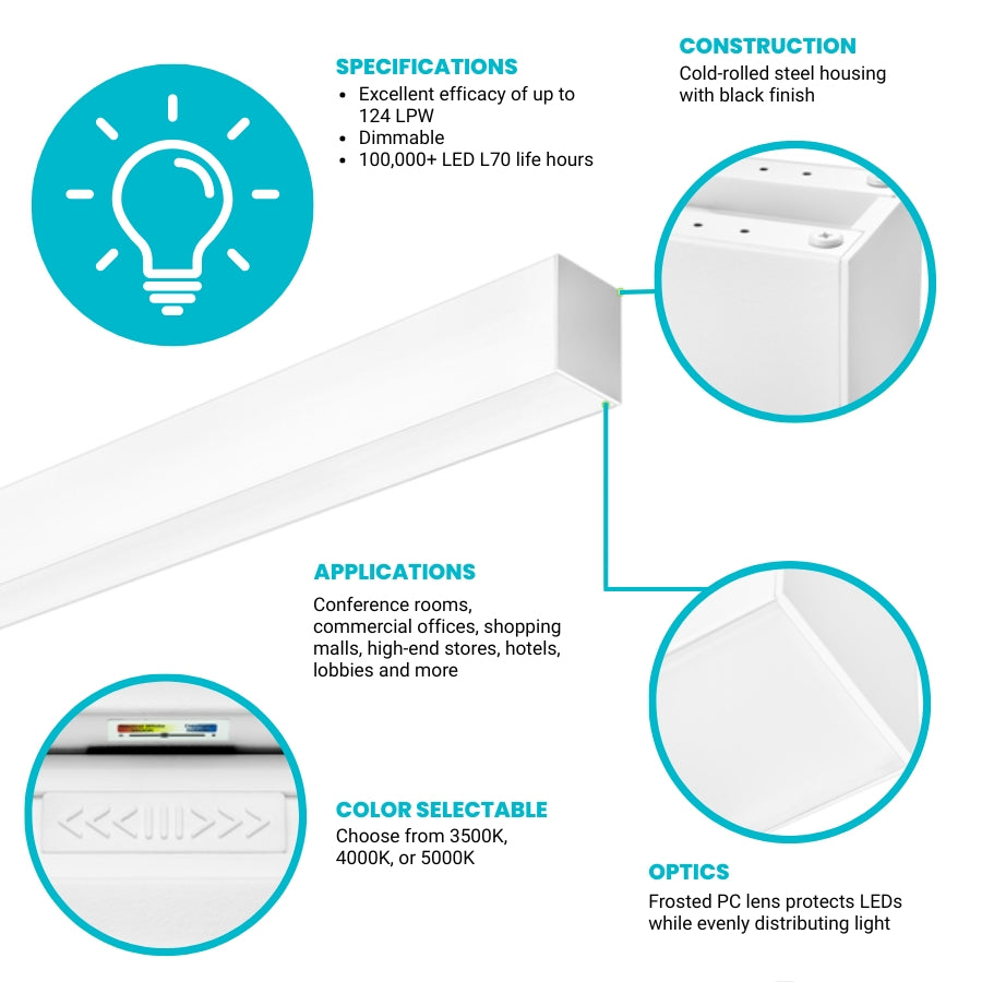 Product specifications and features of a light fixture on a white background