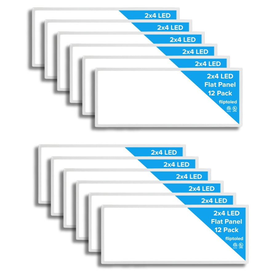 Multiple packs of 2x4 LED flat panel lights on a white background