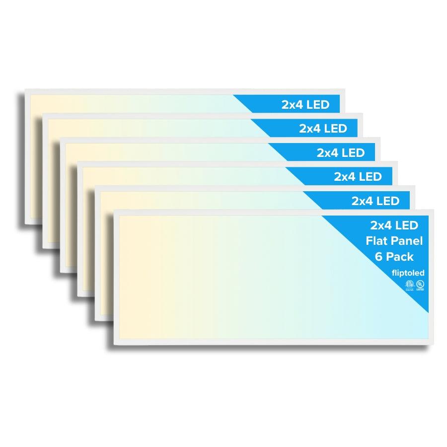 Six 2x4 LED flat panels with gradient color and 'flipled' branding on a white background.