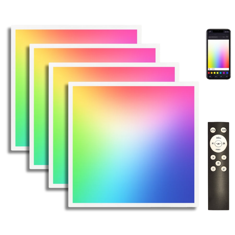 led panel light colour changing with a smartphone displaying color options and a remote control on a white background.