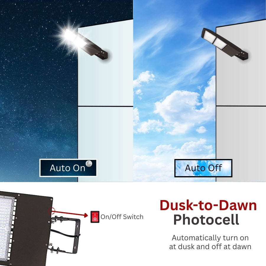 Light sensor system with dusk-to-dawn photocell feature on a white background, led parking lot light at fliptoled 