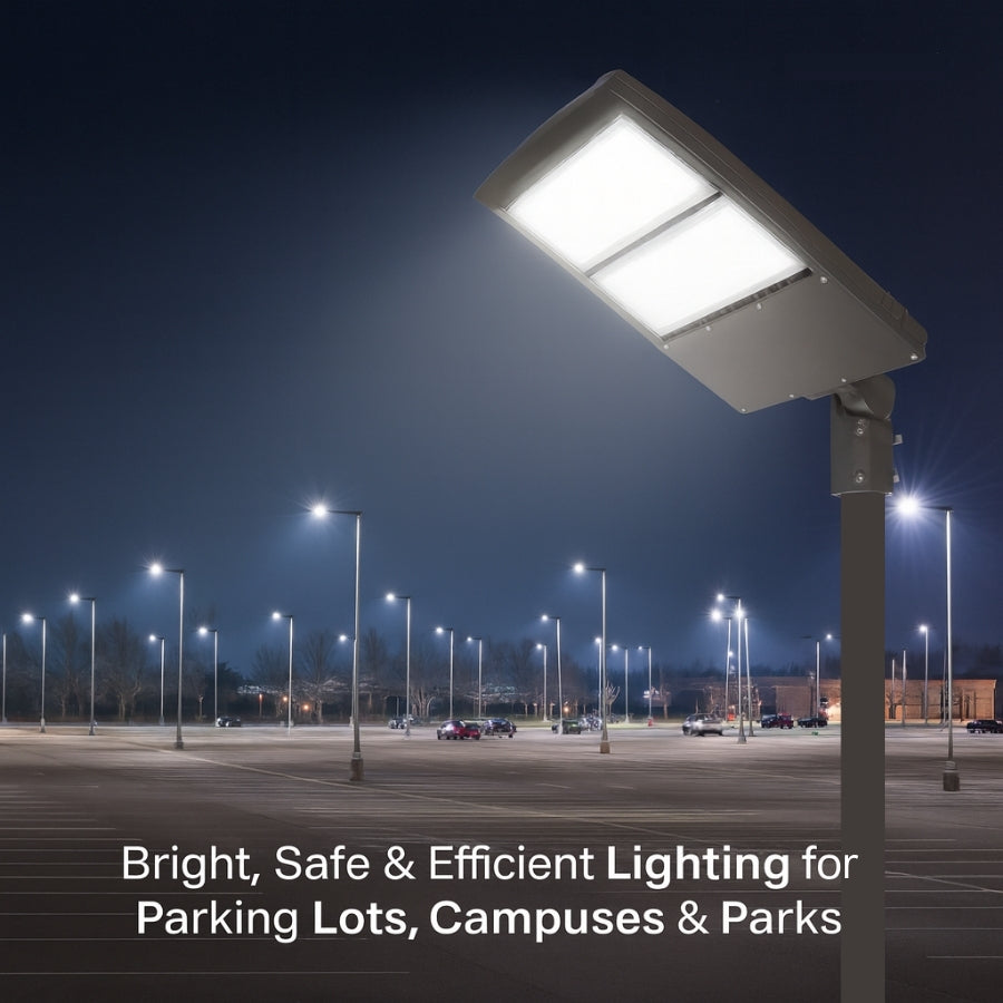 Street light in a parking lot with text about lighting solutions for various locations.