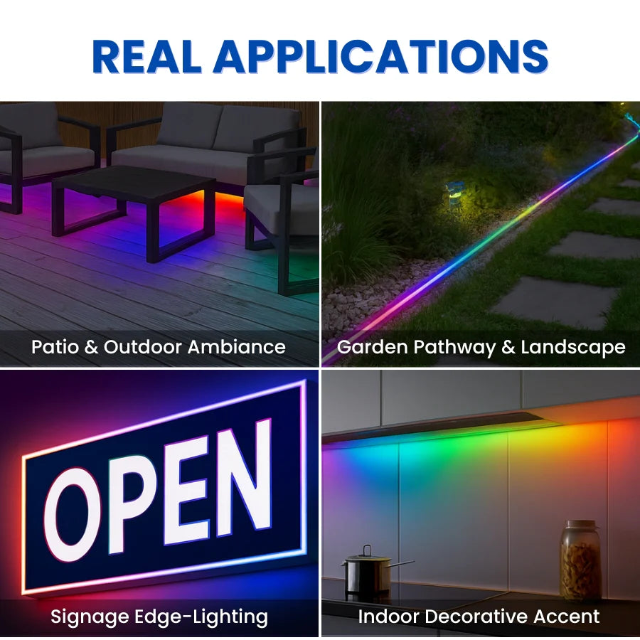Collage of LED strip lights in various applications including patio, garden, signage, and indoor decor.