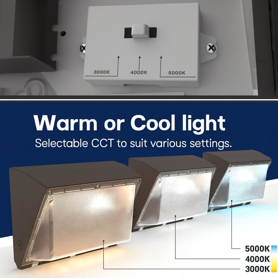 Lighting control switch with selectable CCT for warm or cool light, shown with three led semi cutoff wall packs​.