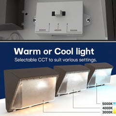 Lighting control switch with selectable CCT for warm or cool light, shown with three led semi cutoff wall packs​.