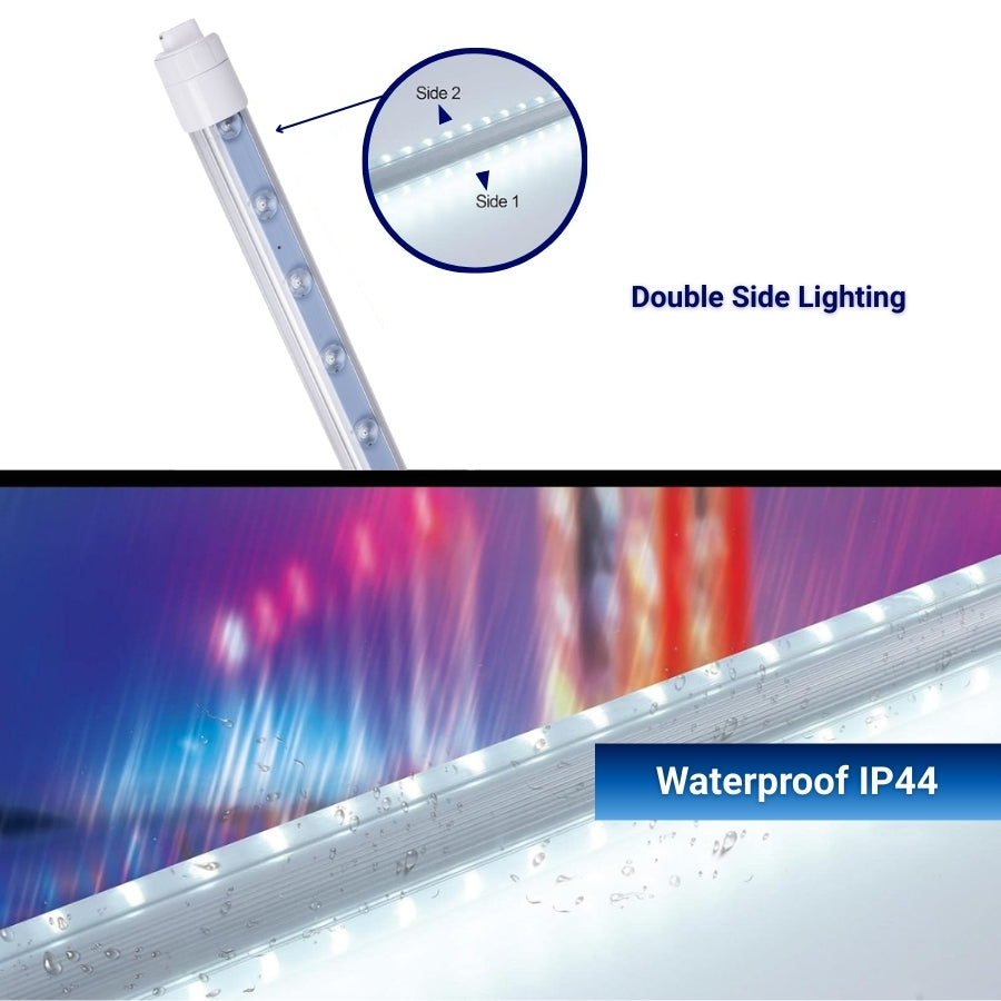 LED strip light with double side lighting feature and waterproof IP44 rating on a white background.