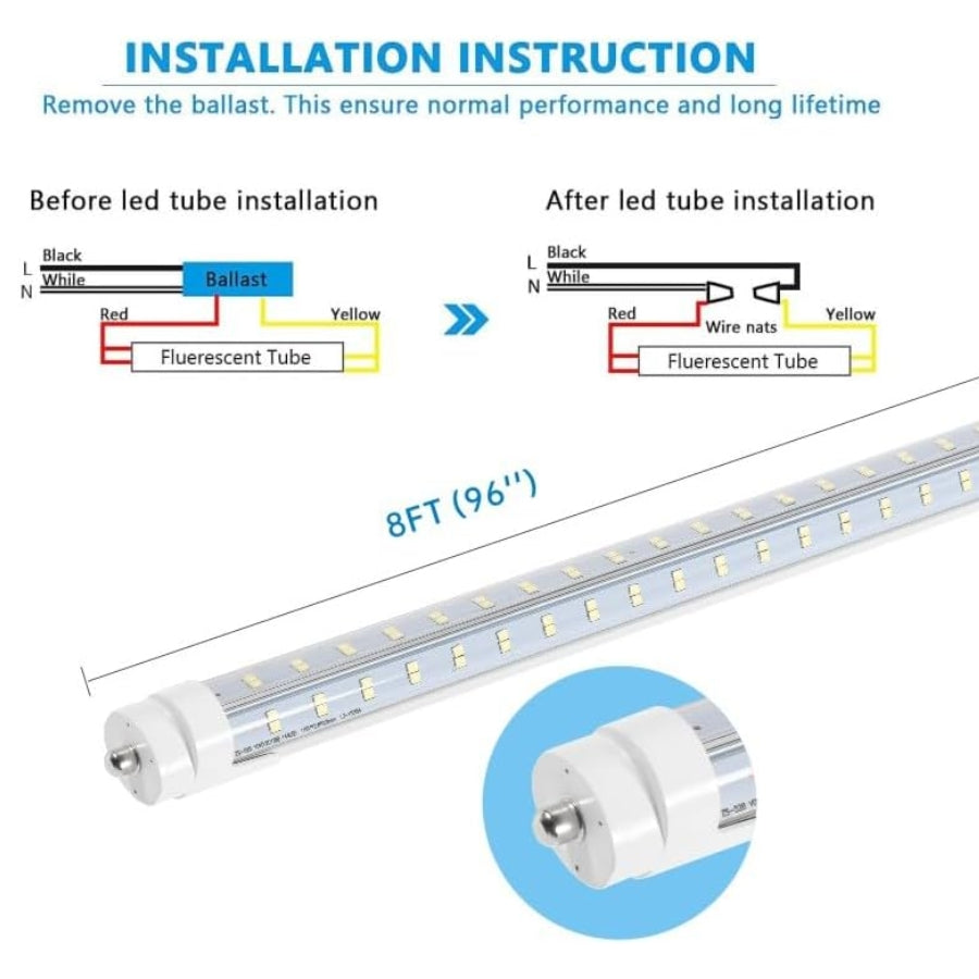 Installation instruction diagram for LED tube lights with wiring diagrams and product image.