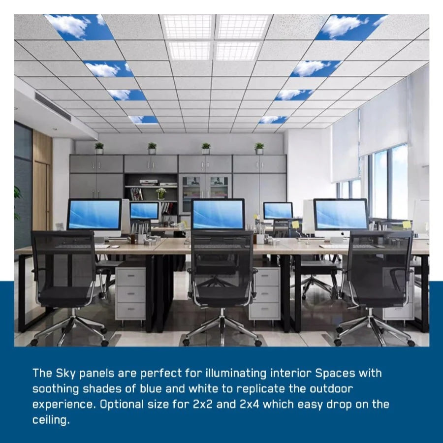 Modern office with blue and white sky panels on the ceiling