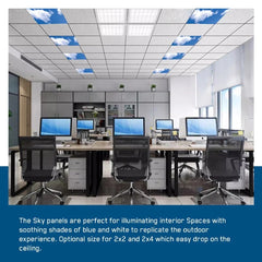 Modern office with blue and white sky panels on the ceiling