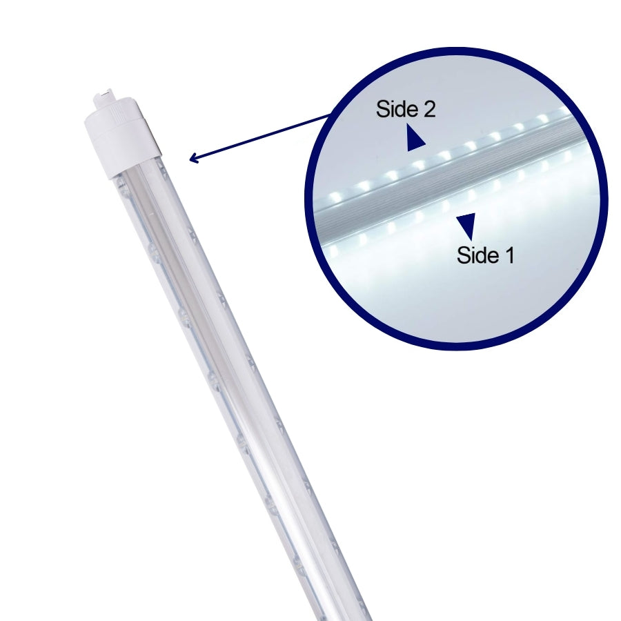 LED tube light with a close-up inset showing labeled sides on a white background