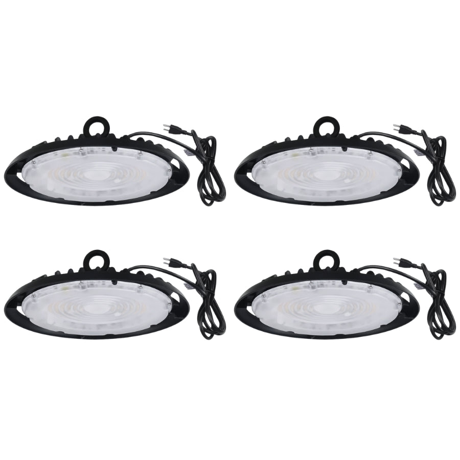 Four UFO style industrial lights on a white background