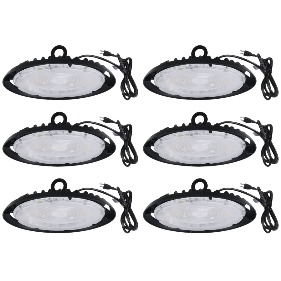 Six UFO-style LED ceiling lights with black frames on a white background