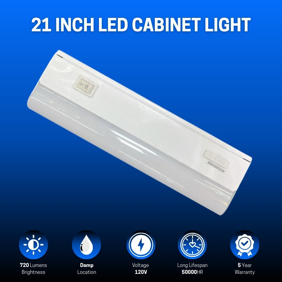 21 inch LED cabinet light on a blue background with specifications displayed.