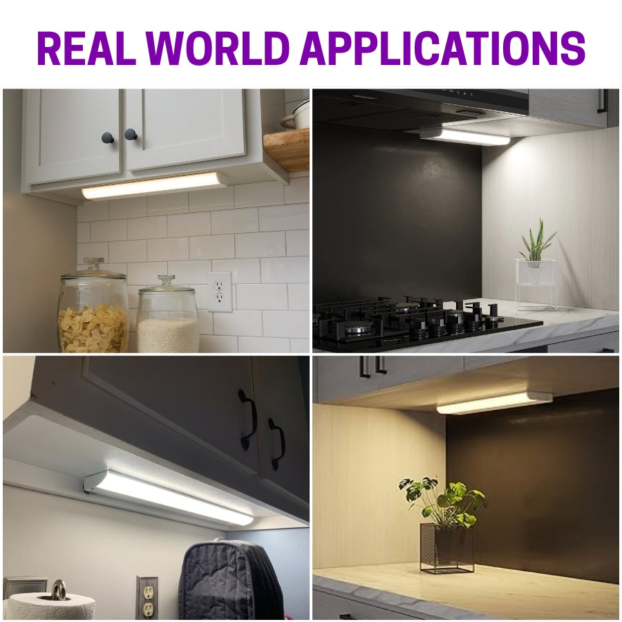 Collage of kitchen and office settings with under-cabinet lighting fixtures.
