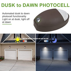 Dusk to dawn photocell light fixture with labeled features and before/after images of a garage.