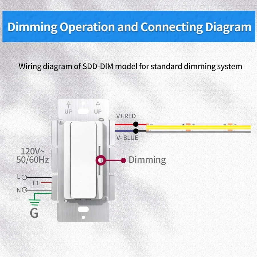 Wiring diagram of SDD-DIM model for standard dimming system on a gray background