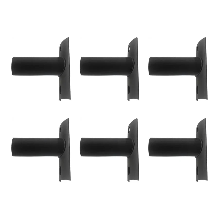 Set of six black metal brackets on a white background