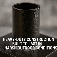 Black metal pipe with text about heavy-duty construction in harsh outdoor conditions